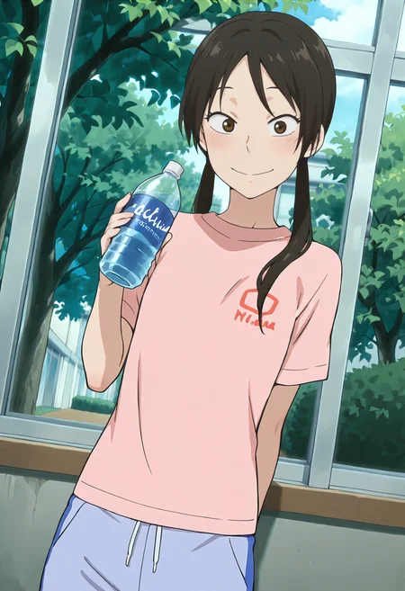 best quality, amazing quality, perfect quality, high quality, masterpiece, absolutely eye-catching BREAK
<lora:Ookiku_Furikabutte_-_Mia_Ogawa:1> OofuriMia, brown eyes, black hair, long hair, curtained hair, low twintails, skinny, small breasts BREAK
pink t-shirt, blue track pants BREAK
1girl, solo, indoors, school, window, trees, sports drink, holding bottle, smile, looking at viewer, cowboy shot, dutch angle