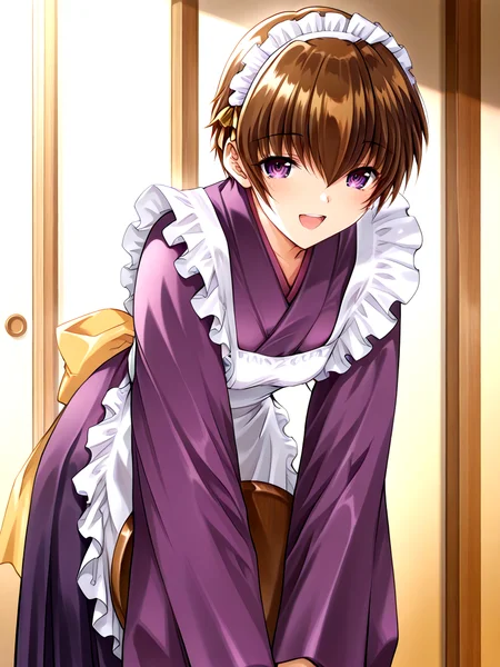 <lora:IL_kagura_izumi:1>,sq_m,kagura izumi,purple eyes,
wa maid,holding tray,bell patten kimono,yellow bow,
happy,leaning forward,, masterpiece,best quality,amazing quality,very aesthetic,absurdres,