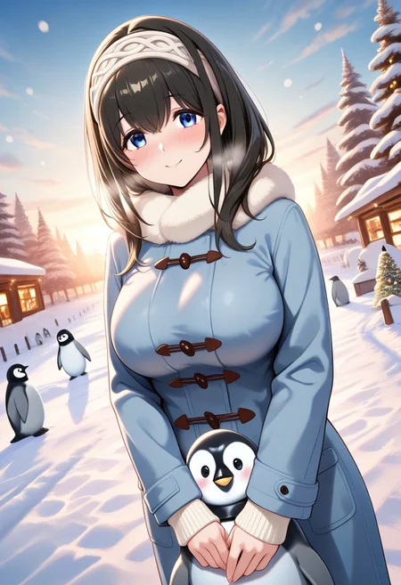 masterpiece, best quality, newest, absurdres, highres, anime,
fumika sagisawa, blue eyes, black hair, long hair, large breasts,
blush, smile,
winter clothes,
1girl, solo,
outdoors, winter,
Animal Christmas, cute animal, penguin,
dutch angle,