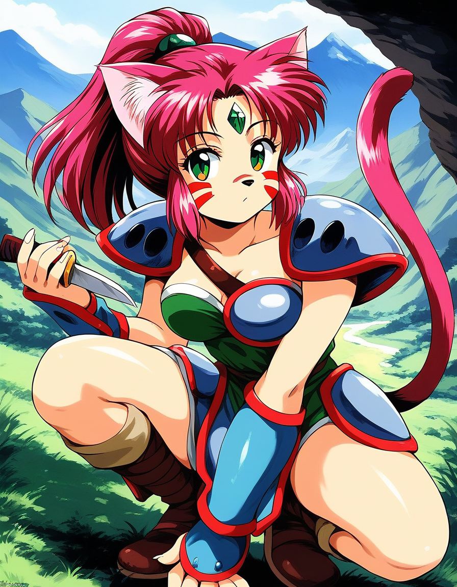 score_9, score_8_up, score_7_up, source_anime, rating_explicit, BREAK  <lora:Ryuquir_XL:1> Ryuquir, animal ears, tail, cat ears, facial mark, cat tail, green eyes, ponytail, red hair, long hair, pink hair, cat girl, breasts, forehead jewel, green jewel,
mountain, sky,
 shoulder armor, solo, weapon, retro artstyle, armor, pauldrons, furry female, knife, furry, brown hair, grass, dagger, boots, looking at viewer, outdoors, fingernails, squatting,  shoulder pads, purple hair