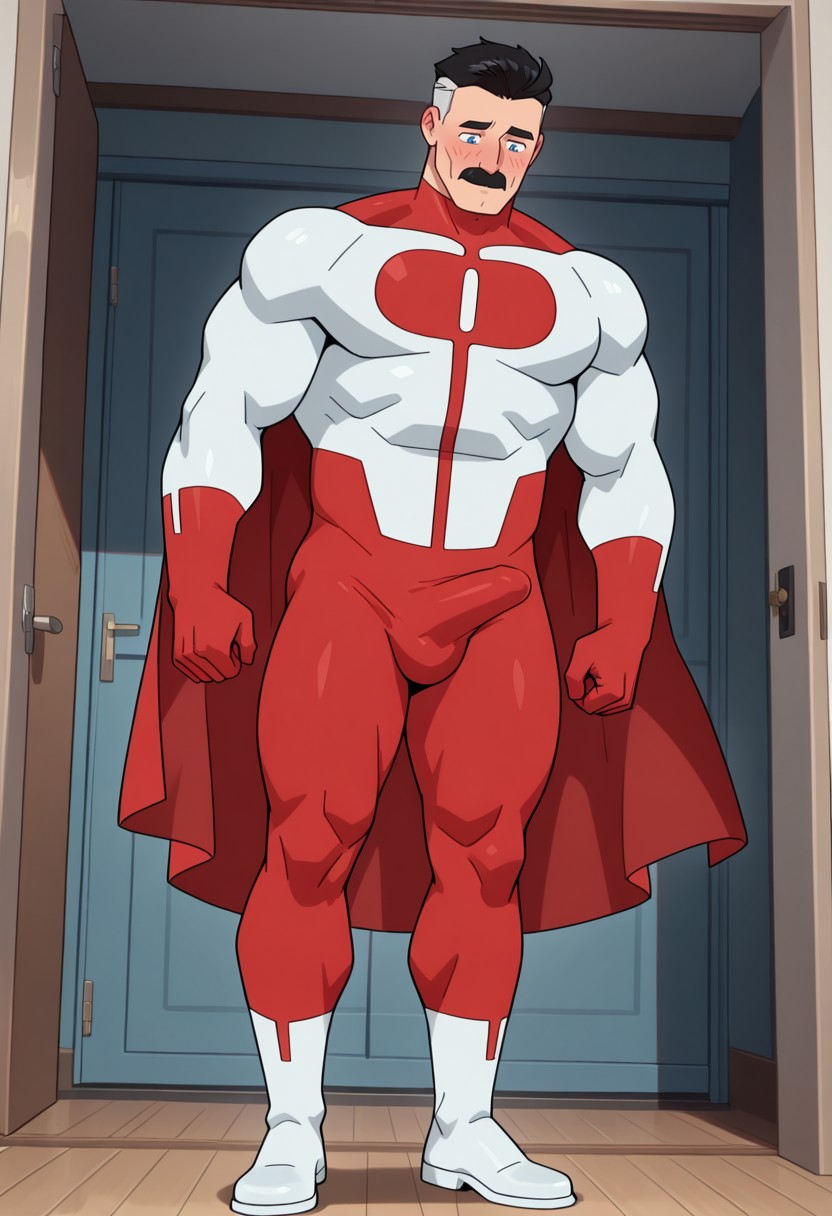 0MN1MAN, 1boy, bara, big pecs, broad shoulders, thick thighs, muscular, detailed background, perfect anatomy, masterpiece, perfect quality, best quality, detailed, newest, very aesthetic, bulge, blue eyes, two tone hair, undercut, mustache, black hair, mature male, superhero suit, red and white bodysuit, red gloves, white boots, cape, red leggings, looking down, erection under clothes, smile, blush, embarrassed