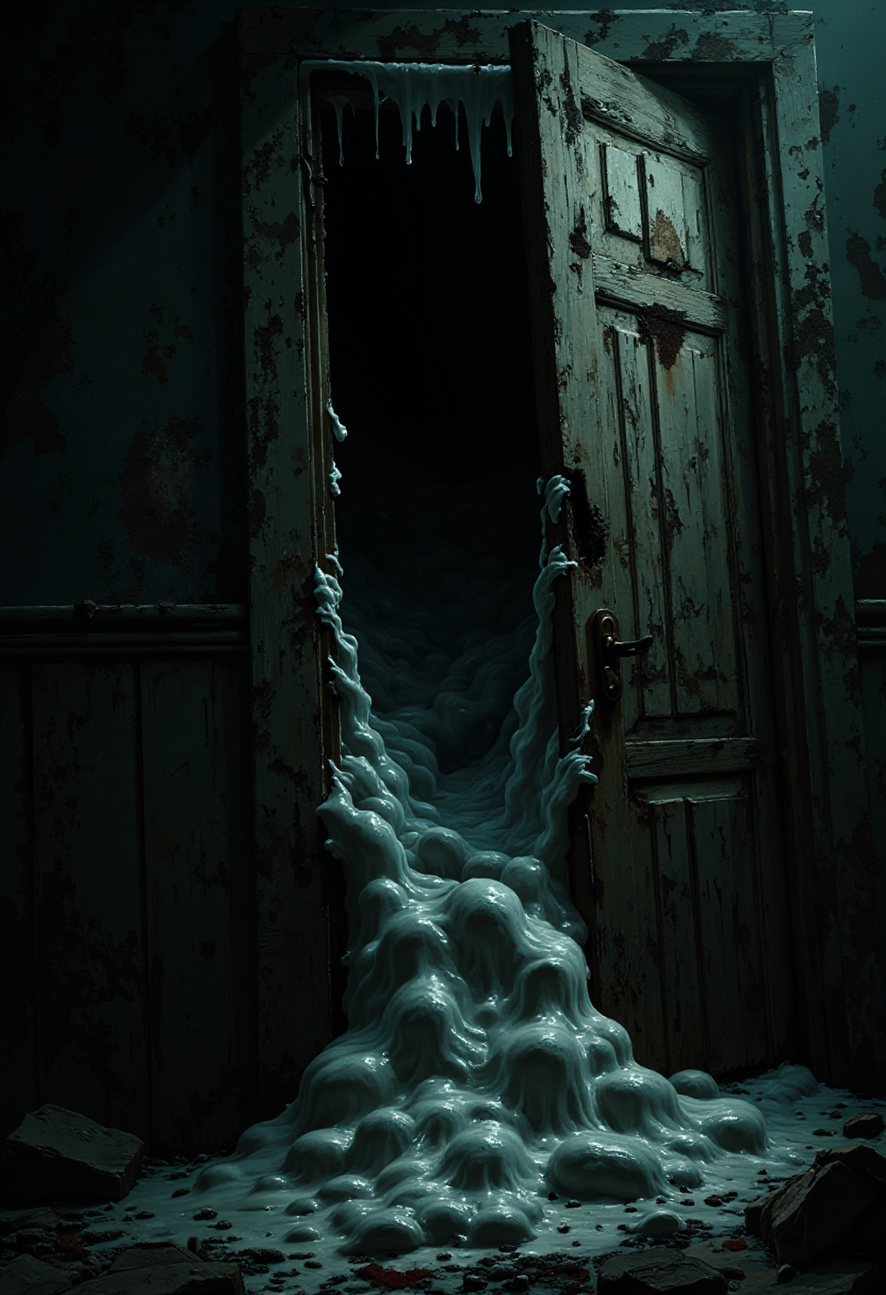 sp00k1h0rr0r The scene shows an old, weathered door with deep, splintering cracks, where thick, white foam seeps ominously from within. The foam has a sticky, almost organic texture, slowly expanding as if alive, spilling through the gaps in irregular, pulsing waves. The lighting is dim and moody, casting long shadows that amplify the sense of dread. Shot with a 45mm wide-angle lens, the image captures a distorted, unsettling perspective, giving the door an imposing, almost suffocating presence. The cinematic quality adds a dramatic, horror movie feel, with dark tones and subtle highlights drawing attention to the texture and ominous nature of the foam creeping out. High detail