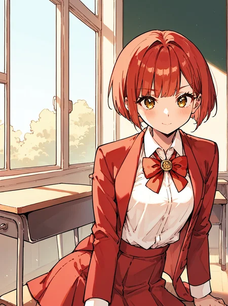 score_8_up, score_7_up, score_6_up, source_anime, 1girl, solo, classroom, sitting on chair, sitting by desk, window, 
white shirt, red bowtie, red blazer, red skirt
<lora:La_Flora:1>