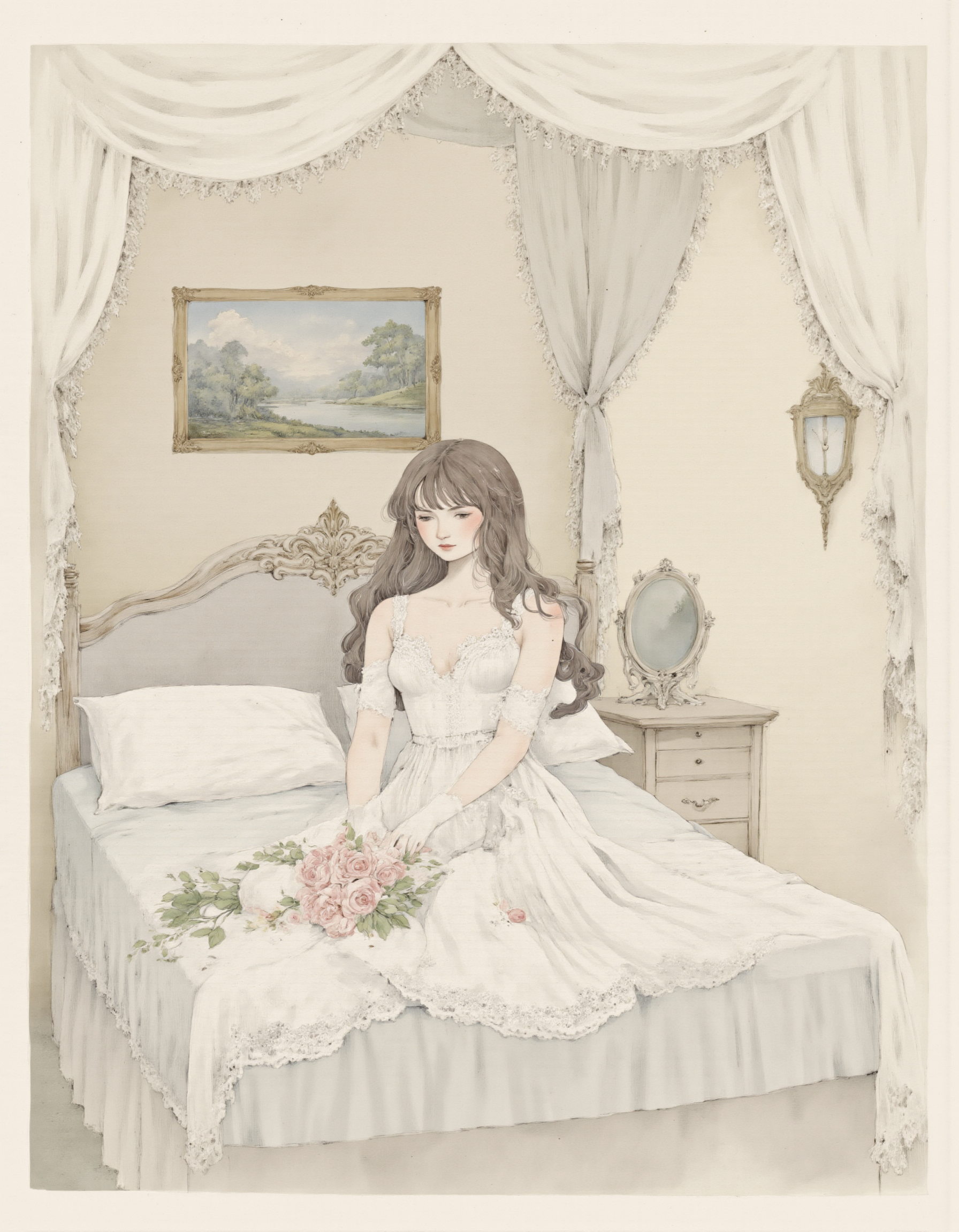 <lora:cioffi:1>, This is a detailed, digital illustration in a soft, pastel color palette, depicting a serene, ethereal bedroom scene. The central figure is a young woman with long, dark brown hair cascading down her back. She has fair skin and a slender physique, wearing a delicate, white lace dress with thin straps and a modest neckline. The dress has a slightly voluminous skirt that flows gracefully around her., 
She is seated on the edge of a neatly made bed, which is adorned with white linens and several pillows. Her hands are adorned with long, white gloves, and she holds a delicate bouquet of pink roses in her lap. The bed is surrounded by sheer, white curtains that hang from the canopy overhead, adding to the dreamy ambiance., 
The background features an ornate, antique-style bed frame with intricate carvings and a matching headboard. To the right of the bed, there is a small nightstand with a decorative, gold-framed mirror and a small clock. Above the bed, a framed painting of a classical, serene landscape hangs on the wall, adding a touch of sophistication. The overall atmosphere is peaceful and romantic, with a delicate, almost ethereal quality.