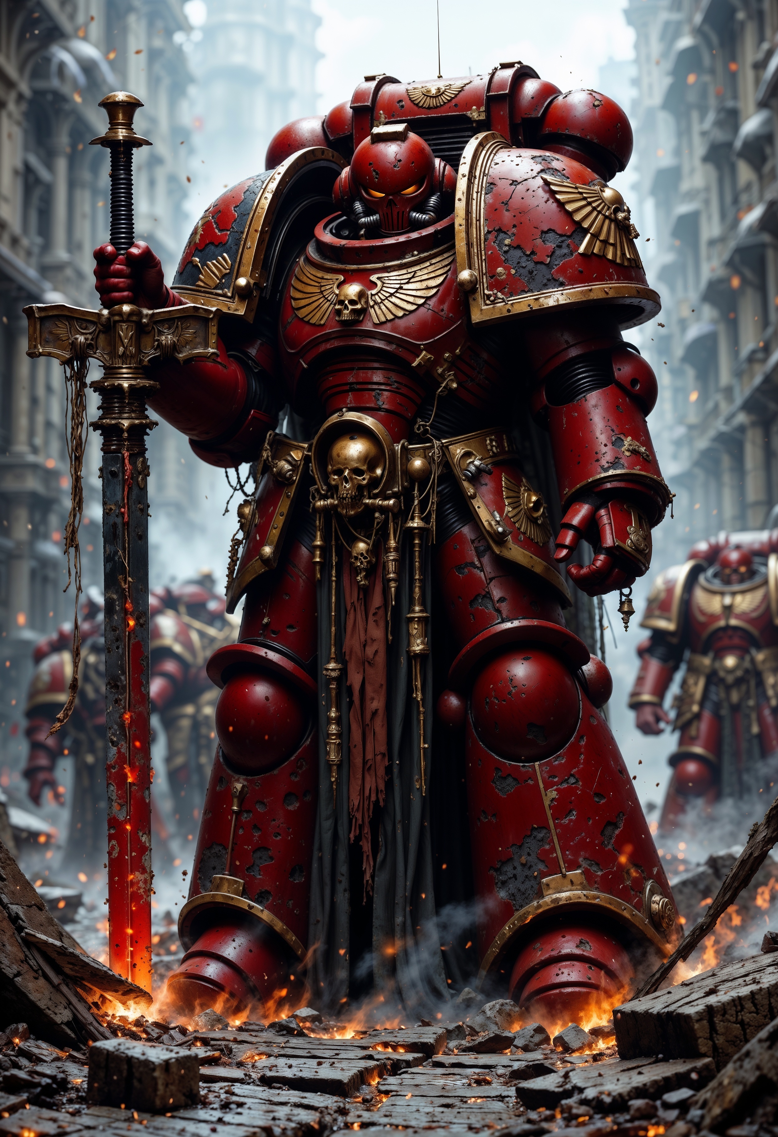 A Powerful BloodA40K space marine, draped in tattered, red power armor that pulses with a faint, eerie glow, stands on a creaking wooden bridge. He points the tip of a massive, rune-etched sword menacingly at the camera, the blade crackling with dark energy. Shadows swirl around him, and the misty air is thick with tension. red flames flicker within his hollow eyes, reflecting the bridge's warped, splintered planks, over the sword camera view  <lora:FluxBloodA40K:1> <lora:FluxMythP0rtr4itStyle:0.7>