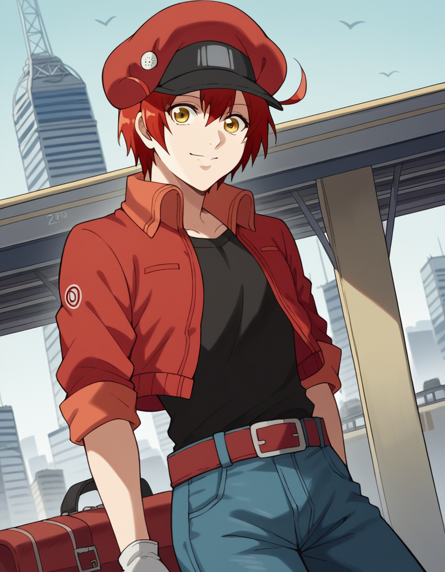 score_9, score_8_up, score_7_up, source_anime, <lora:red-blood-cell-ae3803-s1-ponyxl-lora-nochekaiser:1>, red blood cell ae3803, short hair, hair between eyes, yellow eyes, ahoge, red hair,, shirt, gloves, hat, jacket, belt, pants, white gloves, black shirt, denim, red headwear, red jacket, jeans, cabbie hat,, train station, waiting for train, suitcase, traveling, commute, city skyline, hands behind back,, smile, , hand resting on chin, solo,, cowboy shot, dutch angle