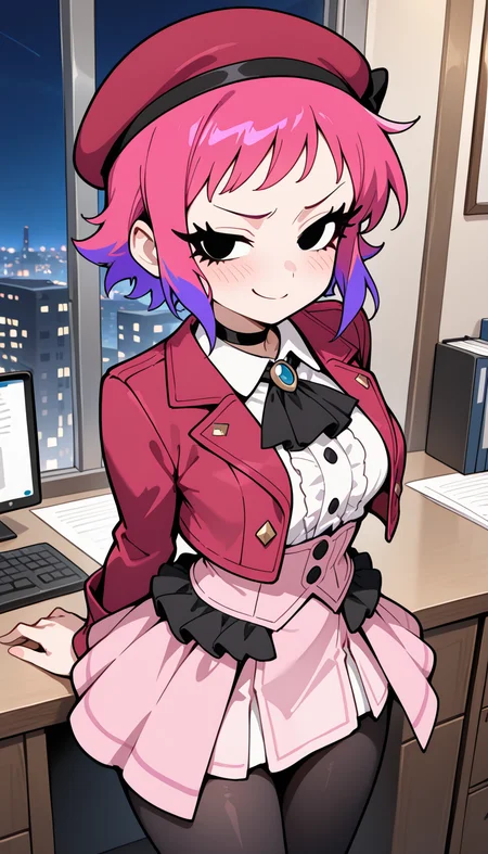 masterpiece, best quality, very aesthetic, absurdres,
solo, 1girl,

ramflo, short hair, multicolored hair, two-tone hair, pink hair, purple hair, long eyelashes, black eyes,

smirk, shy,

beret, bow, choker, cropped jacket, pink dress, ascot, overskirt, black frills, black pantyhose,

inside, office, night,