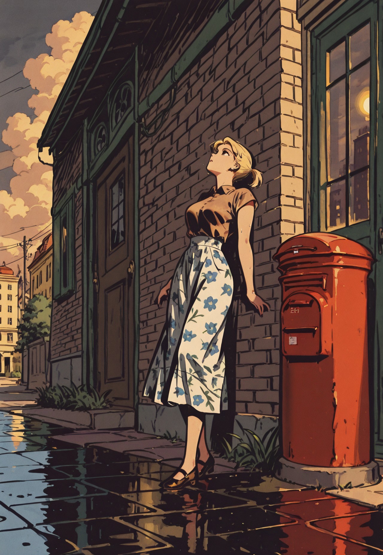 1woman, solo, 1940s floral skirt, blonde, short ponytail, looking up, leaning against wall, (leaning back:1.3),

outdoors, city, sidewalk, grass, wet pavement, reflective floor, postbox \(outgoing mail\), door, brick wall, cloudy sky, warm light, BREAK,

vintage romance comic, muted colors, neutral palette, sepia tones, ink crosshatching, official style, original art style, (safe_pos, fine texture, masterpiece, ultra-detailed, very aesthetic, absurdres, volumetric lighting, scenery), BREAK.