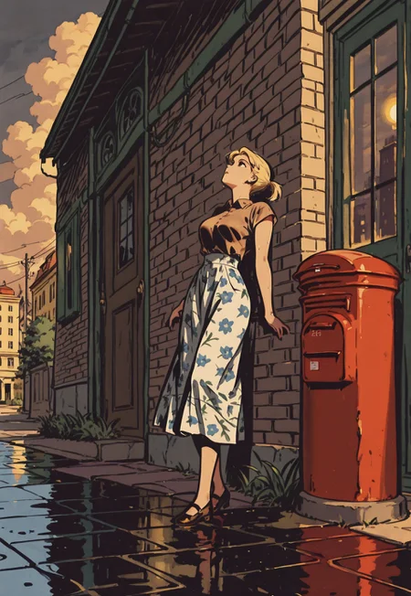 1woman, solo, 1940s floral skirt, blonde, short ponytail, looking up, leaning against wall, (leaning back:1.3),

outdoors, city, sidewalk, grass, wet pavement, reflective floor, postbox \(outgoing mail\), door, brick wall, cloudy sky, warm light, BREAK,

vintage romance comic, muted colors, neutral palette, sepia tones, ink crosshatching, official style, original art style, (safe_pos, fine texture, masterpiece, ultra-detailed, very aesthetic, absurdres, volumetric lighting, scenery), BREAK.