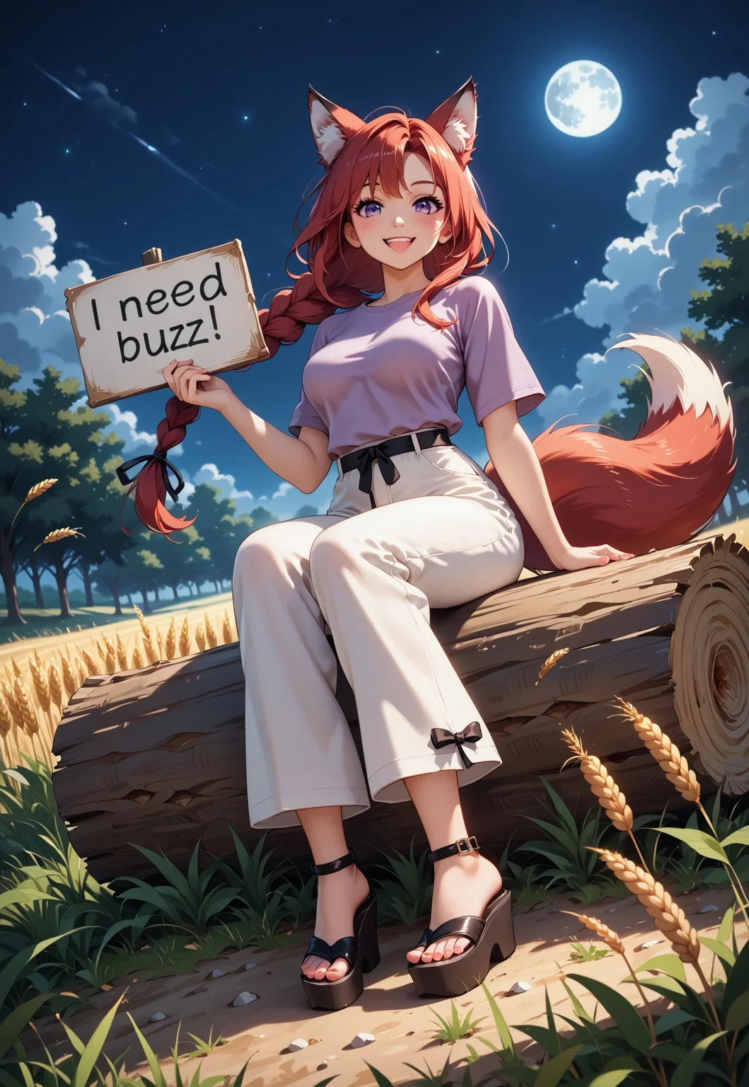 resolution,score_9,score_8_up,score_7_up,score_6_up,score_8,score_7,score_6,best quality,masterpiece,source_anime,(masterpiece:1.2), (best quality:1.2), masterpiece, good quality, amazing quality, 1girl, sweet girl, small smile, sitting on side, looking at viewer, purple eyes, covered breasts, lavender shirt, fancy shirt, medium breasts, long hair, straight hair, red hair, single braid, baggy pants, wide hips, white pants, fox ears, fox tail, 2 tails, red tail, black japanese sandals, platform sandals, fallen tree, sitting on log, night time, starry sky, full body, from below, need_buzz, holding sign, face shot,Wheat field background, mid night,moon,