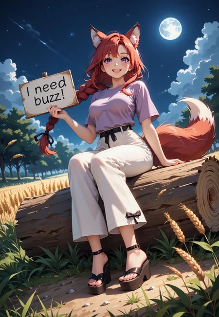 resolution,score_9,score_8_up,score_7_up,score_6_up,score_8,score_7,score_6,best quality,masterpiece,source_anime,(masterpiece:1.2), (best quality:1.2), masterpiece, good quality, amazing quality, 1girl, sweet girl, small smile, sitting on side, looking at viewer, purple eyes, covered breasts, lavender shirt, fancy shirt, medium breasts, long hair, straight hair, red hair, single braid, baggy pants, wide hips, white pants, fox ears, fox tail, 2 tails, red tail, black japanese sandals, platform sandals, fallen tree, sitting on log, night time, starry sky, full body, from below, need_buzz, holding sign, face shot,Wheat field background, mid night,moon,