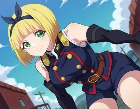 score_9, score_8_up, score_7_up, source_anime,
shushusuruga, <lora:shushu-suruga-s1-ponyxl-lora-nochekaiser:1>
shushu suruga, short hair, bangs, hair ribbon, hairband, blunt bangs, thick eyebrows, green eyes, yellow hair,
gloves, shorts, elbow gloves, belt, buttons, military uniform, military, bare shoulders, black military uniform,
outdoors, wasteland, bent over, smile,
looking at viewer, cowboy shot, dutch angle, solo,