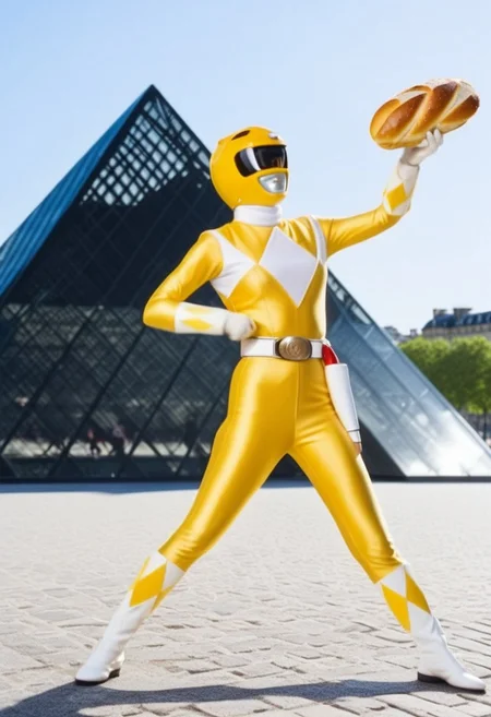 female yellow power ranger, morphed, helmet, uniform, white turtleneck collar, white gloves belt holster, relaxed, stood in front of single Louvre in Paris, hot sunny summer day, fighting pose, wielding a baguette bread-loaf, facing camera, hyperdetailed photography
