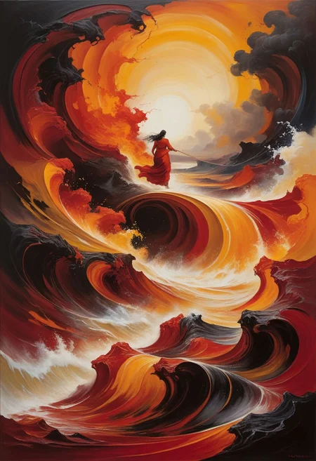 Capture the raw emotion and intensity of Expressionism in a compelling and evocative artwork titled "Exodus." The canvas pulsates with vibrant hues of deep reds, fiery oranges, and tumultuous blacks, swirling together in a chaotic dance of passion and turmoil. Bold, dynamic brushstrokes convey a sense of movement and urgency, as if the very essence of the painting is in flux. Figures, rendered in distorted and exaggerated forms, appear to be in a state of exodus, fleeing from an unseen force or danger. The background is a tumultuous maelstrom of colors and shapes, hinting at a world in upheaval. Each stroke of the brush carries with it a palpable sense of emotion and energy, inviting the viewer to delve deeper into the tumultuous narrative of "Exodus."