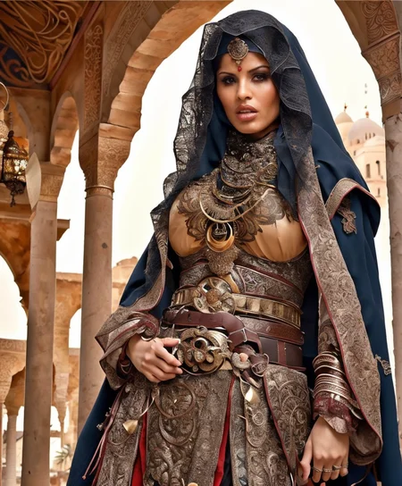 RAW photo, (masterpiece:1.3), subsurface scattering, heavy shadow, (high quality:1.4), (intricate, high detail:1.2), professional photography, HDR, High Dynamic Range, realistic, ultra realistic, photorealistic, high resolution, film photography, ambient lighting, atmospheric effects, <lora:detail_slider_v4:2>, OverallDetail,  Alexis, <lora:Alexis:1>, as an arabian female warrior with veil, wearing arabian armor, cloak, belt,  ArAr, <lora:ArabianArmor-10:0.7>, in a street with arabian houses, arto, <lora:ArabianTown-10:0.8>, ((perfect hands)), epiCPhoto