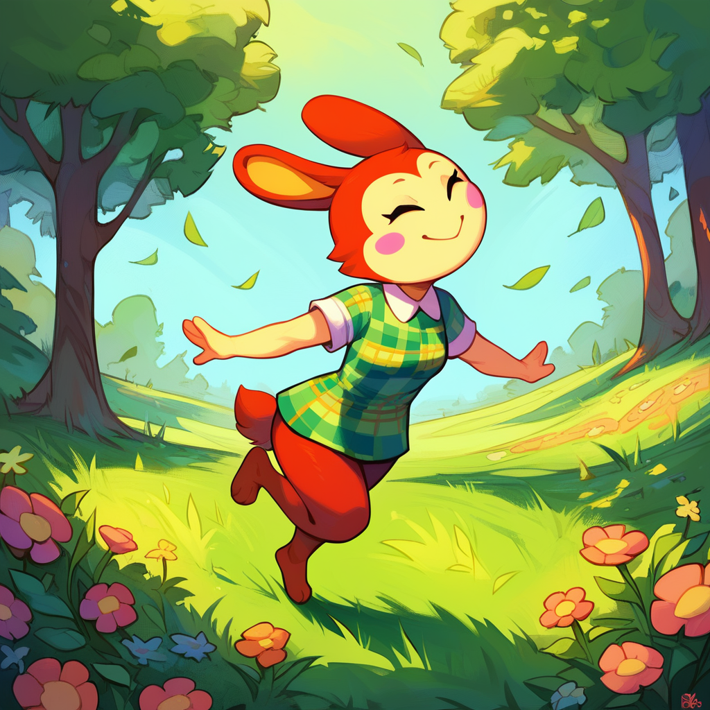 zPDXL2, score_9_up, score_8_up, score_7_up, 2d, rating_safe, (detailed background, grass, flowers, trees), 1girl, solo, side view, large head, bunnie_\(animal_crossing\), rabbit, lagomorph, anthro, red fur, eyes closed, eyelashes, blush stickers, green plaid shirt, short sleeves, running, outstretched arms,  smile, <lora:PDXL_Bunnie_AC:1>