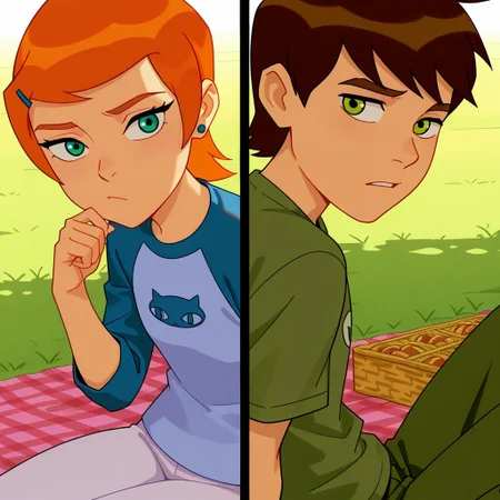 masterpiece, best quality, ben_w_gwen, (1boy, ben_t, brown hair, green eyes), break, (1girl, gwen_t, orange hair, green eyes), sitting, picnic, close up