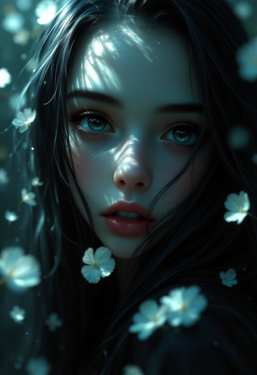 surrealism, portrait, scared woman falling into shadow, extreme angle camera shot, fish eye lens, lens warping, distortion, bokeh, dark soothing atmosphere, epic, cinematic, blurred floating petal leaves