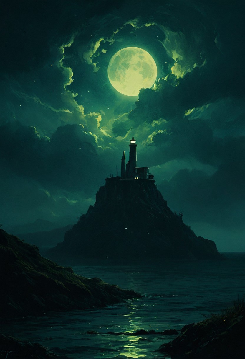 score_9, score_8_up, score_7_up, Under the eerie glow of a full moon, a dark and ominous landscape unfolds. A vibrant, colorful ship stands by the edge of a serene ocean, its vivid hues contrasting starkly with the foreboding atmosphere. In the background, a lighthouse stands atop jagged rocks, its light cutting through the darkness and reflecting off the ocean's surface, glistening in the moonlight. Thick, swirling clouds loom overhead, adding to the sense of an evil presence. The moonlight filters through the clouds, casting an otherworldly glow over the scene. A falling star streaks across the sky, adding a touch of mysticism to the night. The air is thick with a sense of ancient secrets and dark magic, as if the very night is alive with hidden power.  romantic impressionism,dream scenery art,beautiful oil matte painting,romantic,style of thomas kinkade,beautiful digital painting,anime landscape,romantic painting,dreamlike digital painting,colorful painting,beautiful gorgeous digital art,style of greg rutkowski,janek sedlar,jenny saville
