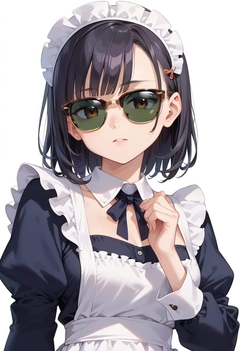 score_9, score_8_up, score_7_up, rating_safe, masterpiece, best quality, absurdres, unity 8k wallpaper, official art, official style, source_anime, uncensored, game cg, megami magazine,
1girl, solo, black hair, medium hair, upper body, covered eyes,maid, maid headdress, black dress, maid apron, face focus,
sirmont, sunglasses, white background, simple background, reflection, glasses, english text, brown-framed eyewear, yellow-framed eyewear, two-tone eyewear, darkgreen-tinted eyewear, covered eyes,
<lora:glasses_clubmaster_PONY_V1:1>