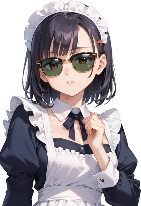 score_9, score_8_up, score_7_up, rating_safe, masterpiece, best quality, absurdres, unity 8k wallpaper, official art, official style, source_anime, uncensored, game cg, megami magazine,
1girl, solo, black hair, medium hair, upper body, covered eyes,maid, maid headdress, black dress, maid apron, face focus,
sirmont, sunglasses, white background, simple background, reflection, glasses, english text, brown-framed eyewear, yellow-framed eyewear, two-tone eyewear, darkgreen-tinted eyewear, covered eyes,
<lora:glasses_clubmaster_PONY_V1:1>