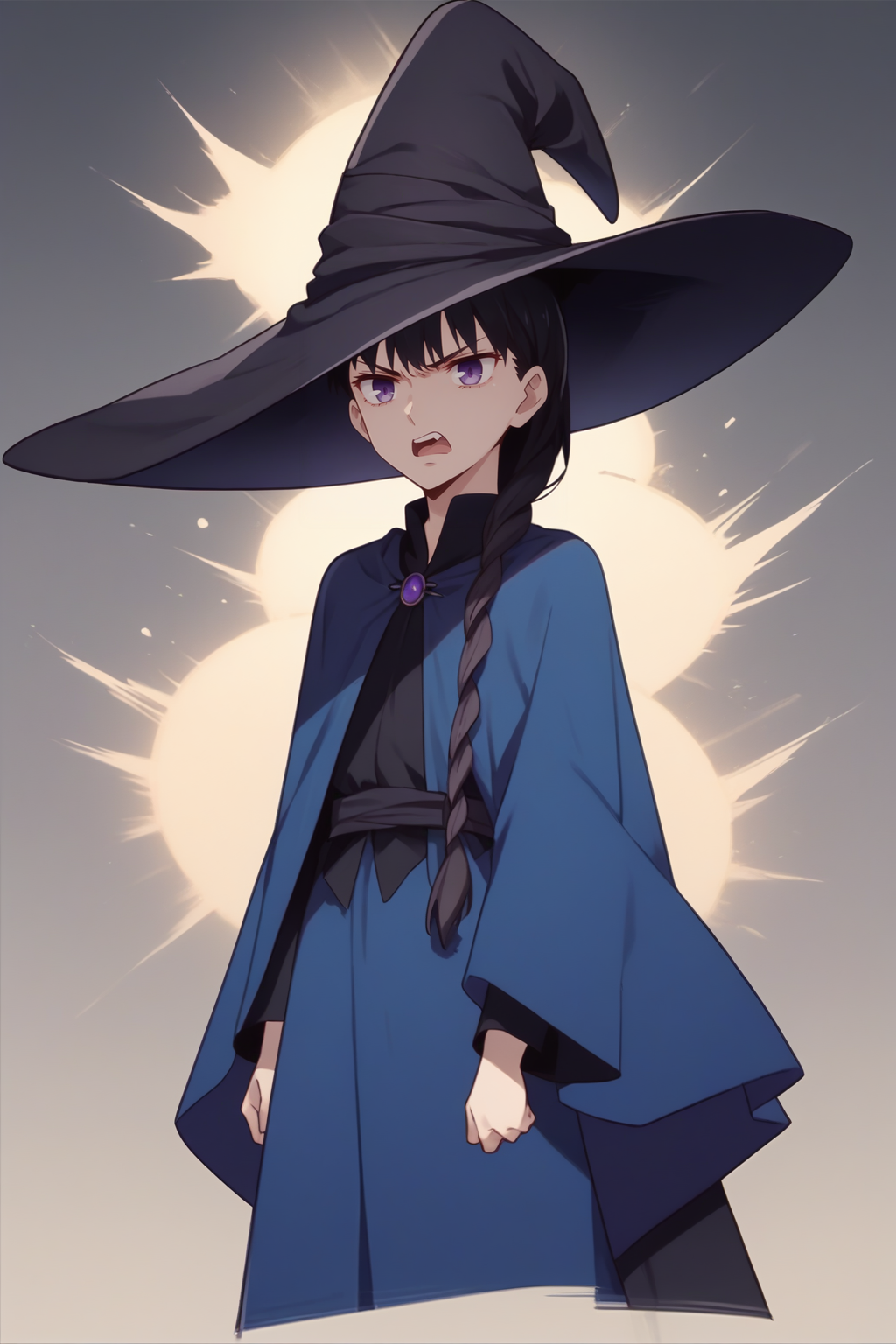 score_9, score_8_up, 1girl, solo, <lora:NSSakiBasket:1> NSSakiBase, black hair, single braid, hair over shoulder, purple eyes, blue robe, cape, witch hat, full body shot, angry, open mouth