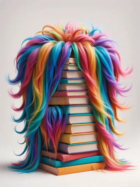 A stack of colorful books with wispy, rainbow ais-hair, bursting with stories <lora:Hairy_Style_SDXL:1>