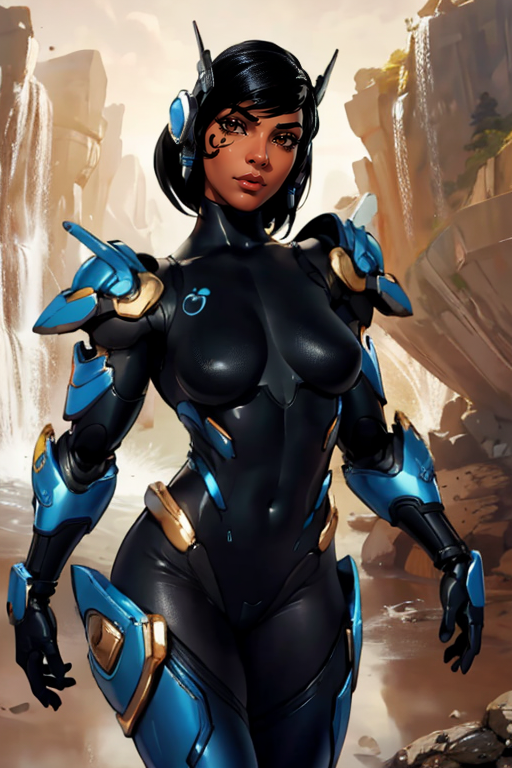 masterpiece,best quality,extreme detail,8k,image sharpness,<lora:pharah-10:0.8>, pharah2, 1girl, solo, breasts, looking at viewer, short hair, black hair, brown eyes, medium breasts, cowboy shot, dark skin, armor, dark-skinned female, sketch, lips, bodysuit, tattoo, helmet, nose, facial tattoo, power armor, eye of horus