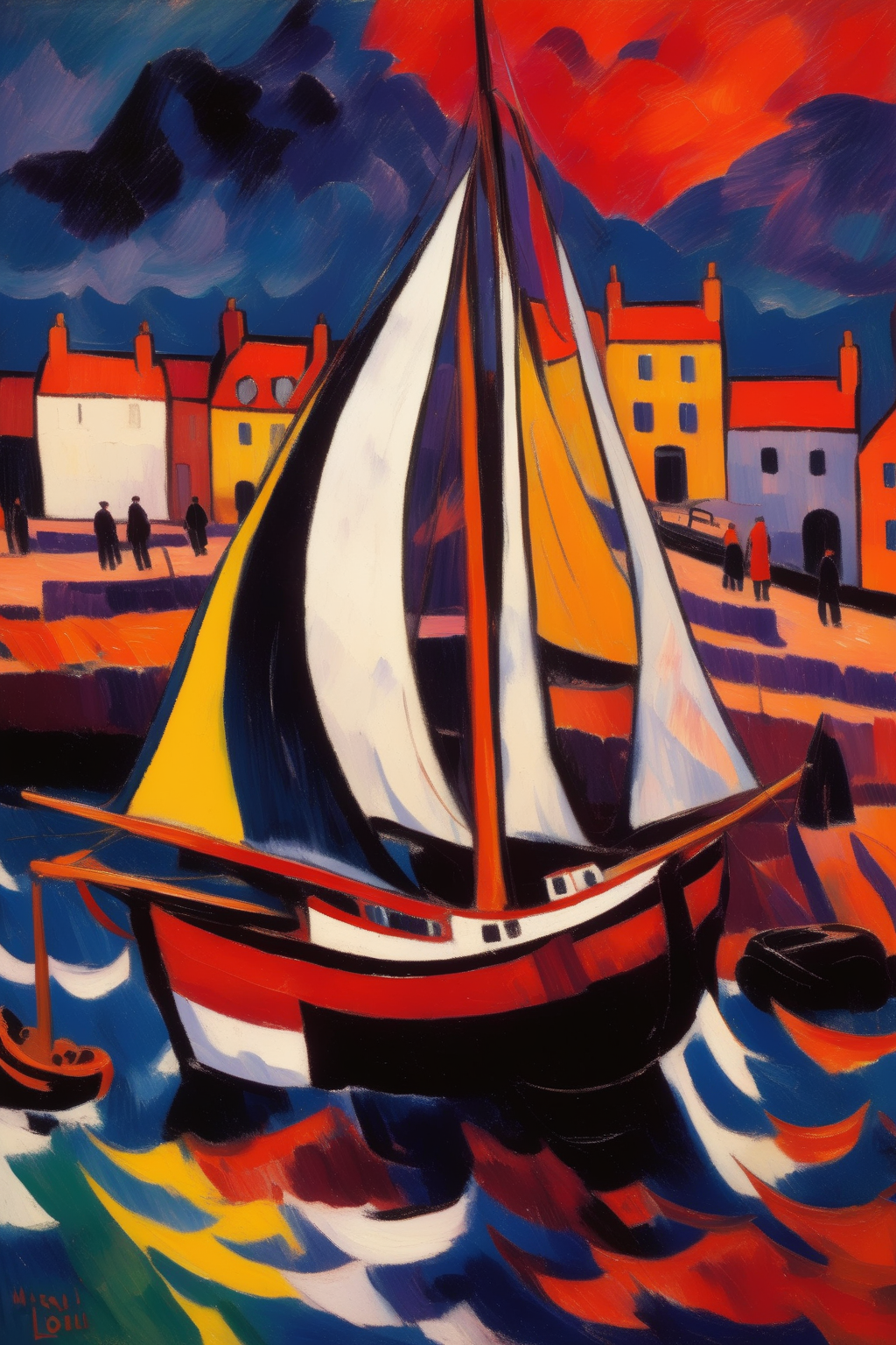 <lora:Maurice de Vlaminck Style:1>Maurice de Vlaminck Style - 200477 North Berwick Harbour with a stormy sky by Louis Valtat. Capture the dramatic scene of boats moored amidst turbulent waters. Vibrant and bold colours in the Fauvist style. Evoke a sense of tension and excitement in the atmosphere.