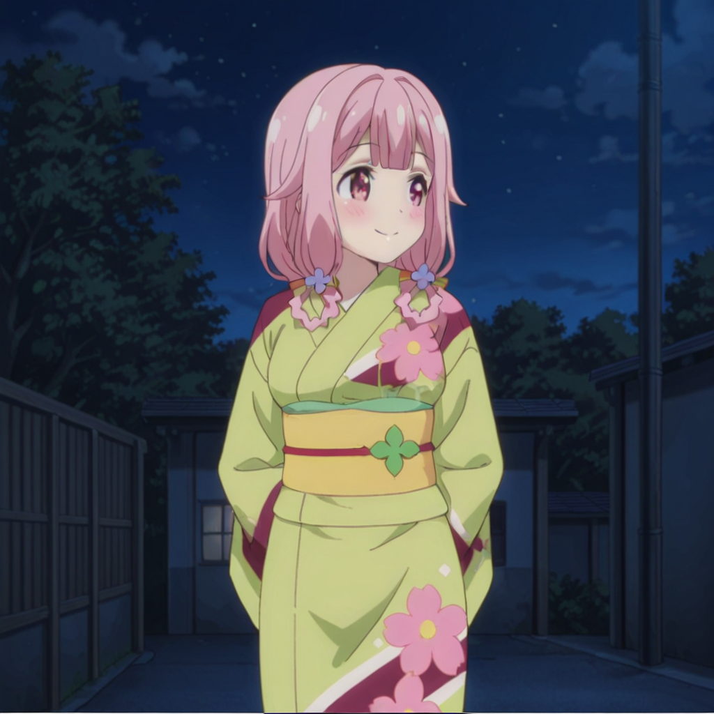 nsfw, masterpiece, best quality, 1girl, solo, warlords_of_sigrdrifa_watarai_sonoka, japanese clothes, ,pink hair, kimono, smile, green kimono, pink eyes, hair ornament, flower, blush, sash, hair flower, floral print, arms behind back, obi, night, outdoor, <lora:Watarai_Sonoka_-_Warlords_of_Sigrdrifa:0.7>