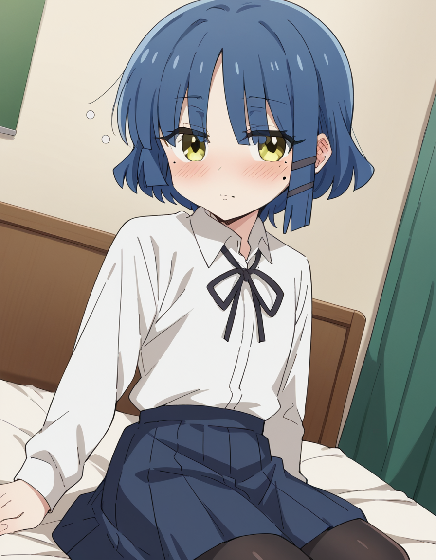 score_9, score_8_up, score_7_up, source_anime,
ryouyamada, <lora:ryou-yamada-s1-ponyxl-lora-nochekaiser:1>,
ryou yamada, blue hair, eyes visible through hair, mole, mole under eye, short hair, yellow eyes, hairclips,
black pantyhose, black ribbon, blue skirt, long sleeves, pantyhose, ribbon, school uniform, shimokitazawa high school uniform, shirt, skirt, white shirt,
indoors, bed, bed room, on side, blush, drunk,
cowboy shot, solo, dutch angle, looking at viewer,
