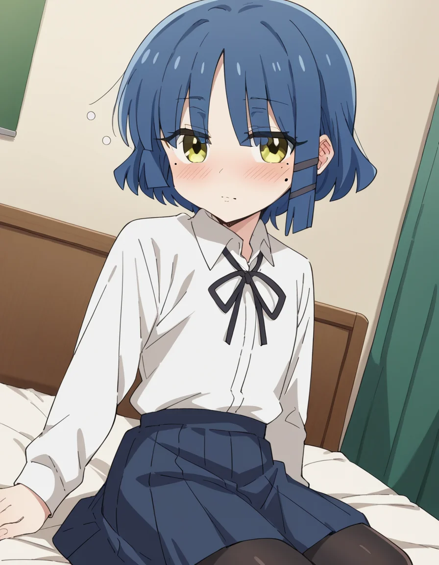 score_9, score_8_up, score_7_up, source_anime,
ryouyamada, <lora:ryou-yamada-s1-ponyxl-lora-nochekaiser:1>,
ryou yamada, blue hair, eyes visible through hair, mole, mole under eye, short hair, yellow eyes, hairclips,
black pantyhose, black ribbon, blue skirt, long sleeves, pantyhose, ribbon, school uniform, shimokitazawa high school uniform, shirt, skirt, white shirt,
indoors, bed, bed room, on side, blush, drunk,
cowboy shot, solo, dutch angle, looking at viewer,