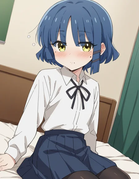 score_9, score_8_up, score_7_up, source_anime,
ryouyamada, <lora:ryou-yamada-s1-ponyxl-lora-nochekaiser:1>,
ryou yamada, blue hair, eyes visible through hair, mole, mole under eye, short hair, yellow eyes, hairclips,
black pantyhose, black ribbon, blue skirt, long sleeves, pantyhose, ribbon, school uniform, shimokitazawa high school uniform, shirt, skirt, white shirt,
indoors, bed, bed room, on side, blush, drunk,
cowboy shot, solo, dutch angle, looking at viewer,