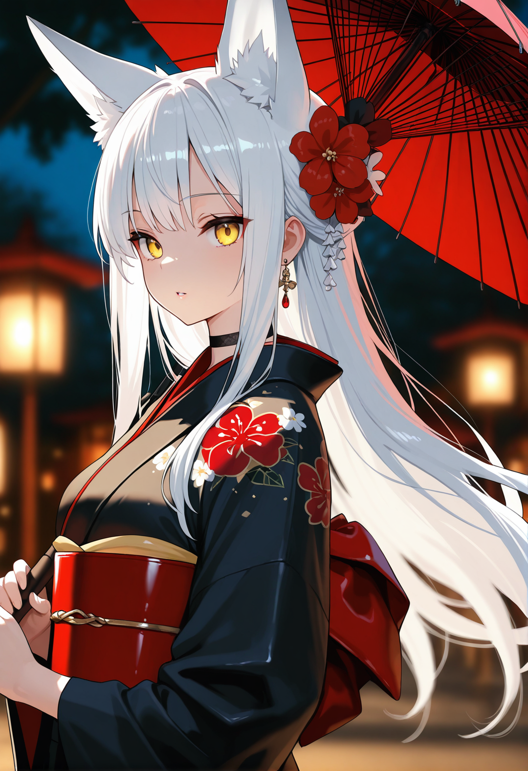 1girl, japanese clothes, solo, umbrella, kimono, long hair, yellow eyes, sash, flower, hair ornament, holding, looking at viewer, hair flower, obi, white hair, hair, bangs, earrings, jewelry, oil-paper umbrella, closed mouth, red flower, upper body, choker, outdoors, holding umbrella, long sleeves, blurry, wide sleeves, lantern, sidelocks, from side, black kimono, floral print, black choker, blurry background, red umbrella, night, tree, shiny hair, animal ears, fox girl, parted lips, masterpiece