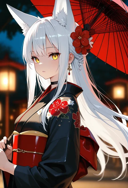 1girl, japanese clothes, solo, umbrella, kimono, long hair, yellow eyes, sash, flower, hair ornament, holding, looking at viewer, hair flower, obi, white hair, hair, bangs, earrings, jewelry, oil-paper umbrella, closed mouth, red flower, upper body, choker, outdoors, holding umbrella, long sleeves, blurry, wide sleeves, lantern, sidelocks, from side, black kimono, floral print, black choker, blurry background, red umbrella, night, tree, shiny hair, animal ears, fox girl, parted lips, masterpiece