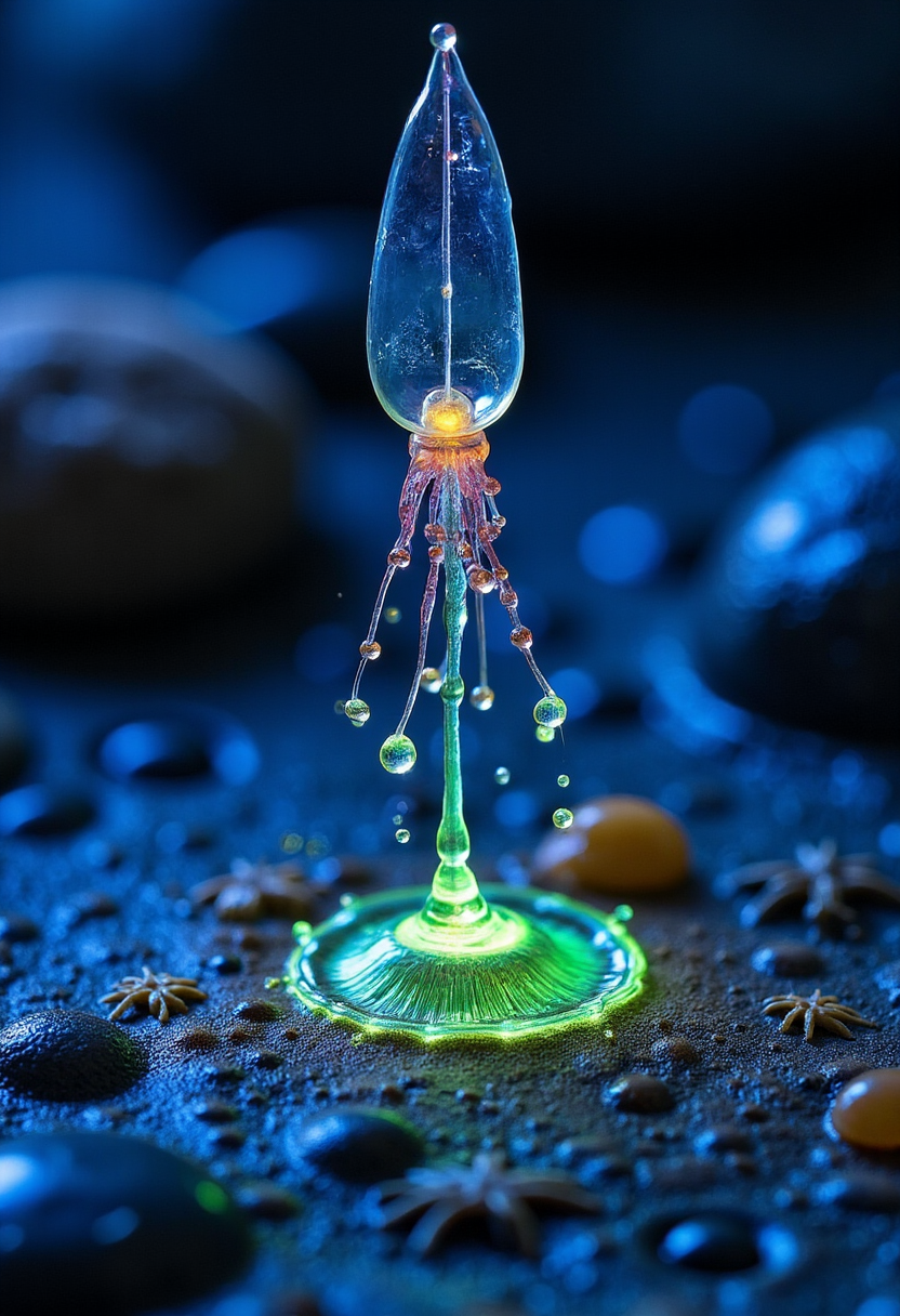 In the shape and style of a yfg-dr0p water drop splash photo of a , A miniature, bioluminescent squid, explores the depths of a giant tide pool, its tentacles illuminating the hidden wonders within.  Tiny sea creatures, attracted by the glow, gather around it, creating a mesmerizing display of bioluminescence.  Miniature starfish cling to the rocks, while tiny crabs scuttle across the sandy bottom.  The scene captures the magic and diversity of marine life.
