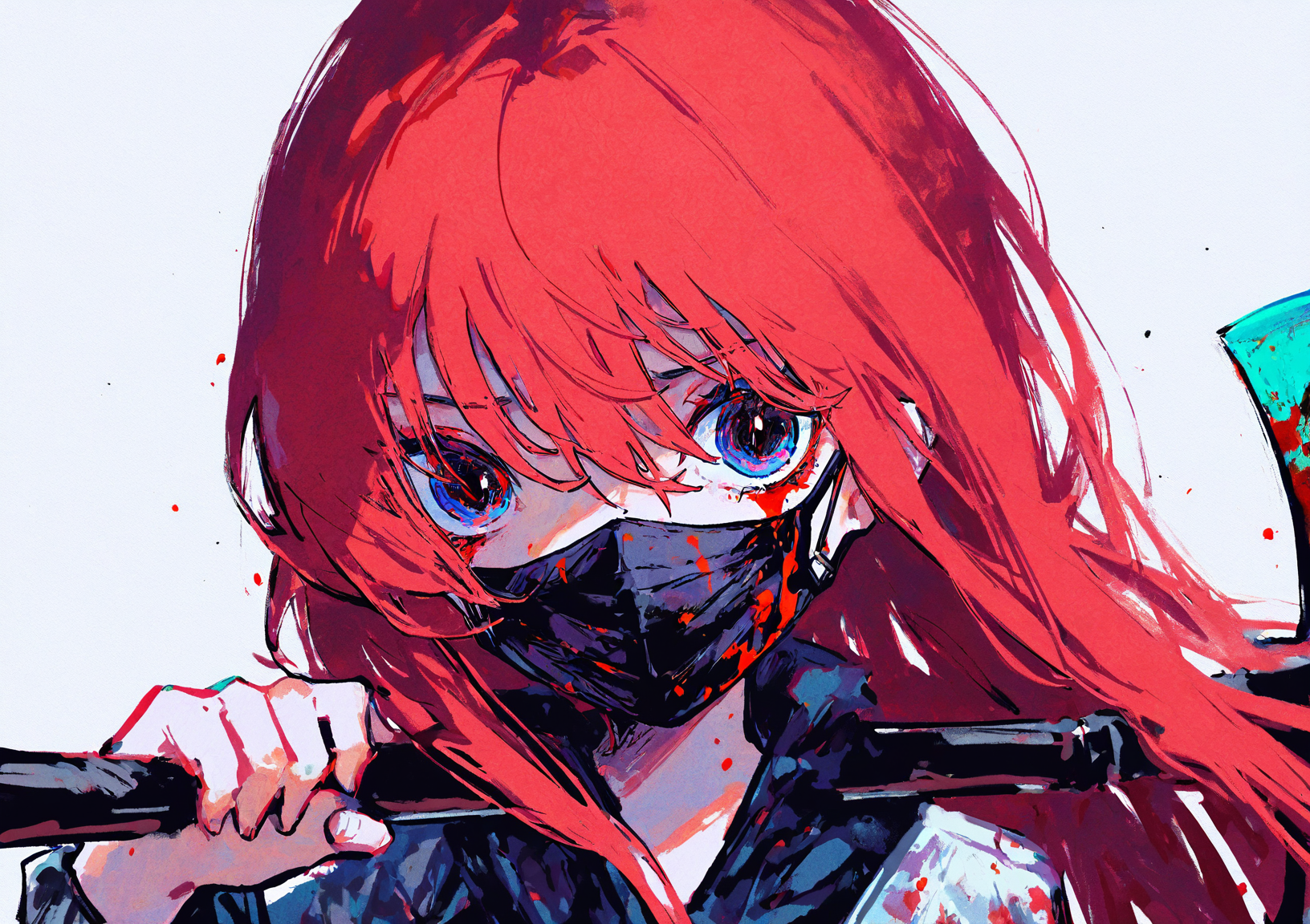 masterpiece, best quality, very aesthetic BREAK kiato, (ciloranko:.7), dino \(dinoartforame\), horror \(theme\), gritty, colorful, faux traditional media, painting \(medium\) BREAK 1girl, solo, holding, long hair, red hair, holding axe,  mouth mask, looking at viewer, blood on face, blood
<lora:noob05-kiato-unet only-feb18-step00002464:1>
