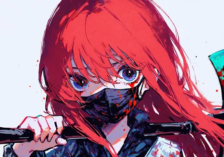 masterpiece, best quality, very aesthetic BREAK kiato, (ciloranko:.7), dino \(dinoartforame\), horror \(theme\), gritty, colorful, faux traditional media, painting \(medium\) BREAK 1girl, solo, holding, long hair, red hair, holding axe, mouth mask, looking at viewer, blood on face, blood
<lora:noob05-kiato-unet only-feb18-step00002464:1>