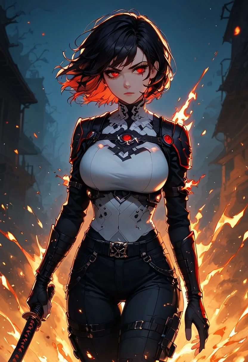 A woman in black pants and a white top wields a glowing blue katana. Her short black hair partially obscures her intense, red-eyed gaze. Sparks and embers fly around her in the dimly lit, blurred background. Anime style, high contrast, and saturated colors
