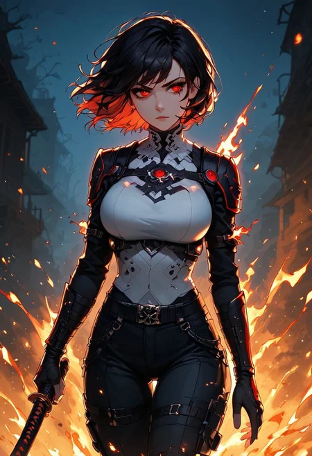 A woman in black pants and a white top wields a glowing blue katana. Her short black hair partially obscures her intense, red-eyed gaze. Sparks and embers fly around her in the dimly lit, blurred background. Anime style, high contrast, and saturated colors