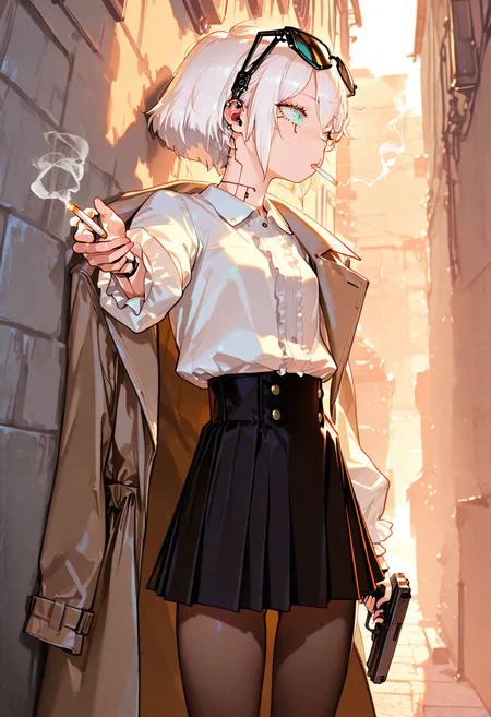 1girl,solo,
(fantasy:1.2),(android:1.2),cyberpunk,robot joints,
white hair,aqua eyes,
trench coat,coat on shoulder,collared shirt,frilled shirt,short skirt,pleated skir,pantyhose,sunglasses,eyewear on head,lighting cigarette,smoking,holding handgun,checking watch,
outdoors,alley,cowboy shot,(against wall:1.2),looking to the side,
<lora:é¡¶çº§ç¾å­¦è¯åillustrious_noobai_epsilon_pred_1_masterpieces_v1:1>,
absurdres, masterpiece, best quality, very aesthetic,newest,<lora:ãHenreaderãèèé£Henreader_Illustrious:0.9>,henreader,usnr,<lora:é£æ ¼nyalia_NoobXL:0.8>,<lora:ãUSNRãUSNR STYLE_XL_lokr:0.8>,<lora:å®æ¹é£æ ¼ ponyv4_noob1_2_adamW-000017:0.8>,