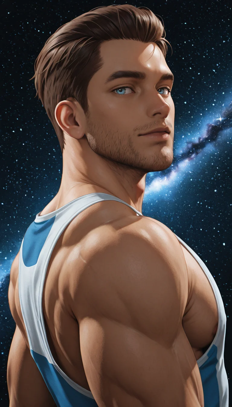 masterpiece,best quality,absurdres,newest,perfect quality,best quality,absolutely eye-catching,detailed background,from behind,looking back,from side,galaxy background,head tilt,portrait,seductive look,<lora:Mass Effect Andromeda - Scott Ryder - Illustrious:0.6>,s_ryder,1boy,brown hair,light blue eyes,stubble,revealing white and blue two-tone tank top,side pectoral,muscular,