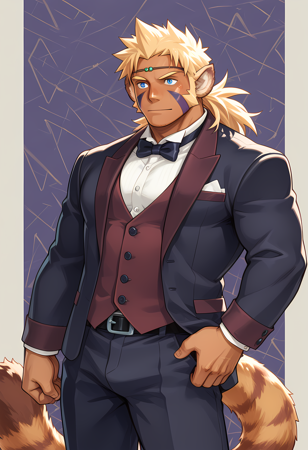 masterpiece, best quality, amazing quality, dutch angle, abstract background, BREAK
1boy, solo, male focus, bara, bof_cray, blonde hair, animal ears, blue eyes, face paint, dark skin, tail, black tuxedo, formal, bowtie, BREAK
<lora:cfg_scale_boost:.6>   <lora:Cray_-_Breath_of_Fire_IV_-_ILXL:1>