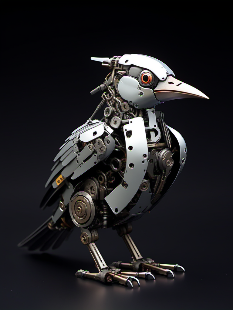 jixie,This is a mechanized bird with a cyberpunk style. It is made of various metal parts similar to those found in robotics and machinery,black background,<lora:ä»¿çæºæ¢°V1:0.7>,