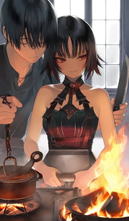 <lora:éµé£¼æ²æ¨¹-Style-000060:1>,highres,absurdres,newest,very awa,masterpiece,best quality,year 2024,
(upper body:1.6),
fire,black hair,1boy,1girl,short hair,red eyes,knife,dress,cooking,window,chain,smile,