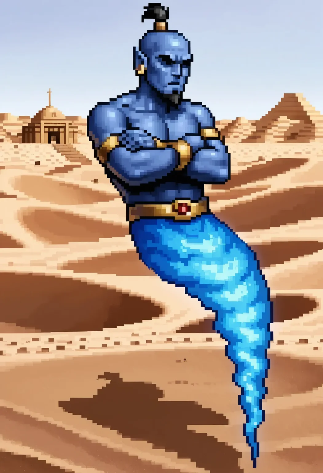 (newest, masterpiece, best quality, beautiful lighting, very aesthetic, detailed background, very awa, perfect composition, detailed, realistic, photorealism, photo, high contrast), BREAK,
heroes2, pixel art, from front, three-quarter view, full body, genie, male, topless, gold belt, gold armbands, gold bracelets, gold earrings, solo, genie tail, ghost tail, blue skin, black topknot, pointed beard, small beard, shaded eyes, arms crossed, focused, serious, annoyed, pouting, cold, 1boy, bald, legless, in air, hovering, desert, oasis, dunes, temple,
,  <lora:HoMM_v8NoobBs975:1>,