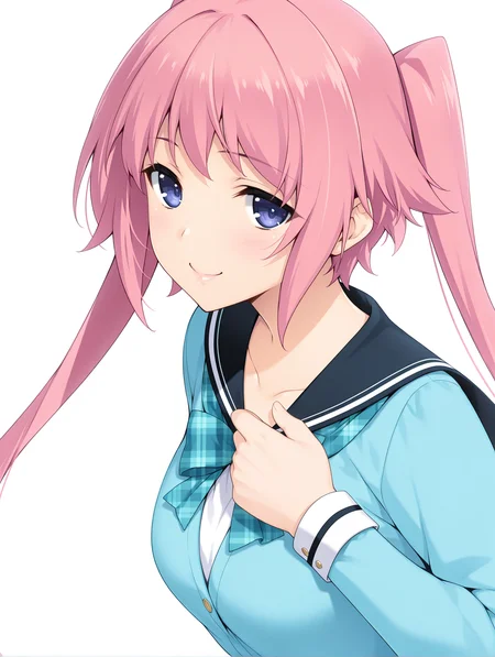 masterpiece,best quality,newest,
<lora:hinata_ilxl_v1.2:1>,1girl,solo,hinata,pink hair,blue eyes,twintails,medium breasts,h_clothes,long_sleeves,light blue uniform,
<lora:Fixhands_anime_bdsqlsz_V1:1>,
upper_body,looking_at_viewer,:o,hand_on_own_chest,smile,profile,naughty_face,dynamic_angle,cinematic_angle,dutch angle,white_background,simple_background,