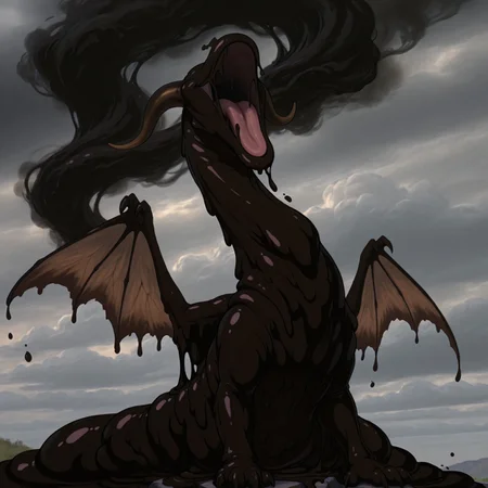 safe_pos, masterpiece, best quality, highly detailed, realistic, SlimeHexxus, 1boy, solo, monster, sludge, goo creature, slime, brown body, eyeless, noseless, smoke, black smoke, black fog, cloudy, sky, detailed background, smile, open mouth, tongue, black smoke, long neck, front view, (feral, brown wings, brown horns, flying, roaring, brown tail, claws, 4 fingers)
