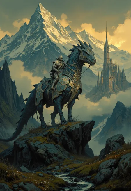 8k high quality digital painting , masterpiece, very detailed, ultra realistic, (best quality) very detailed epic masterpiece,
unearthly beautiful, a breathtakingly beautiful landscape in the French Alps, in the foreground a shiny knight riding on a black dinosaur-like dragon watches a beautiful castle in the distance, the low yellow sun casts long shadows, enchanting landscape, fairytale-like, calm mood, flowers in the foreground, realistic