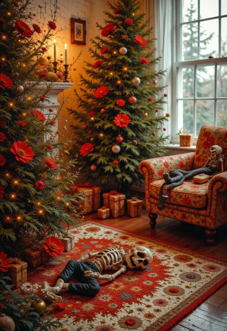 christmas living room, TMGE skeleton FIGURE sleeping on a rug, a black christmas tree